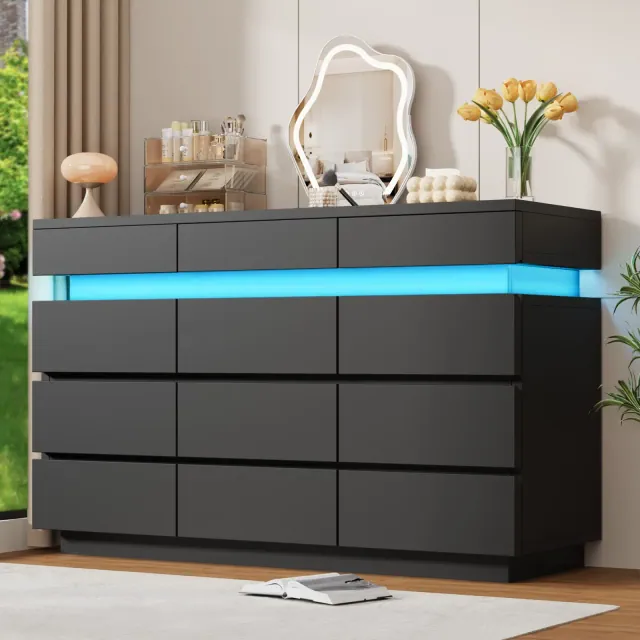 12 Drawer Dresser for Bedroom, 59" Wooden Dresser with LED Lights, Modern Dressers & Chests of Drawers for Living Room Hallway Bedroom