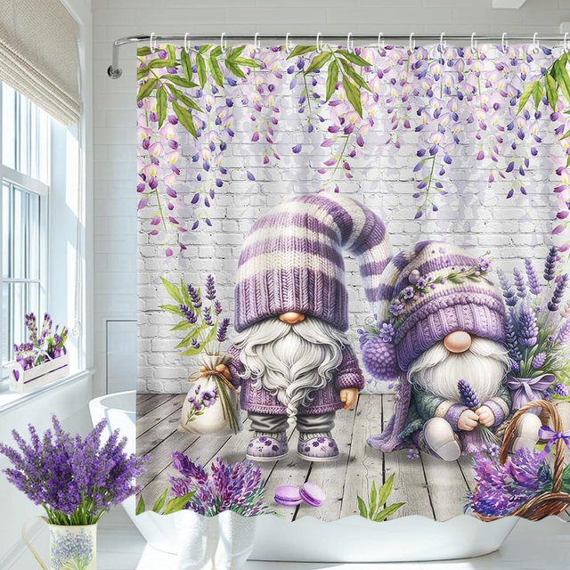 MEHOFOND Lavender Shower Curtain Purple Farmhouse Floral Gnome Shower Curtain for Bathroom Spring Plank Lavender Plant Leaves Bathtub Decor Fabric Waterproof Washable Bath Curtain 72x72 Inch
