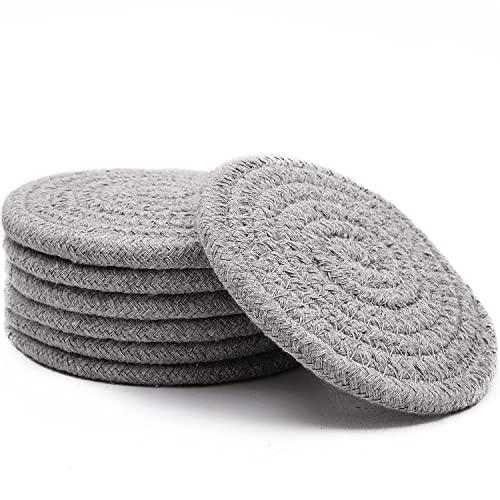 Absorbent Drink Coasters Handmade Braided Drink Coasters 6 Pack (4.3 Inch, Round, 8mm Thick) Super Absorbent Heat-Resistant Coasters for Drinks Great Housewarming Gift (Light Gray, 6 Pack)