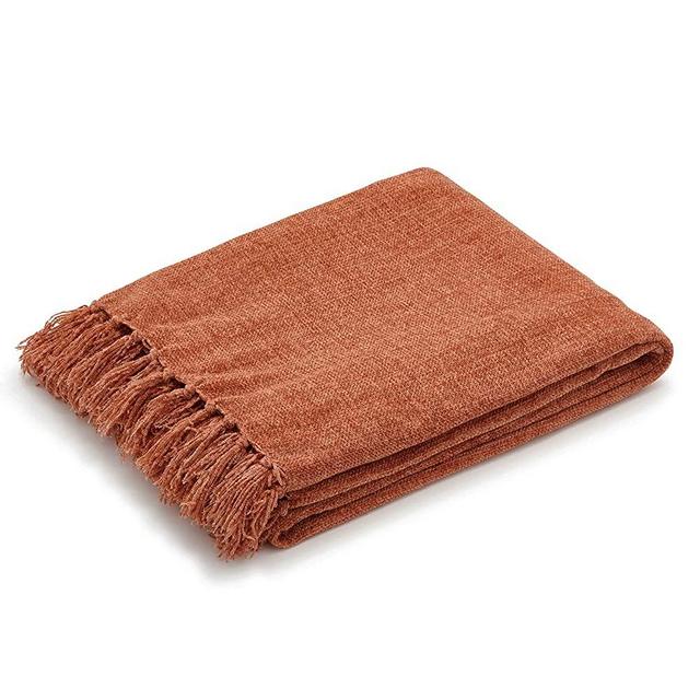 Americanflat Chenille Throw Blanket in Peach- Breathable Polyester with Decorative Fringe - Wrinkle and Fade Resistant - 50" x 60"