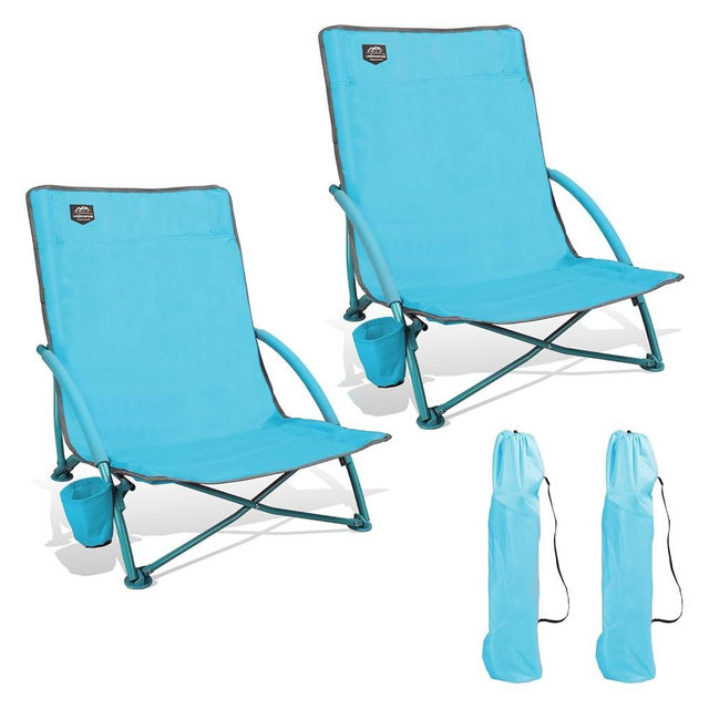 LANMOUNTAIN 2 Pack Low Beach Chair,Folding Recliner Camping Chair for Adults,Lightweight Backpacking Low Seat Camping Chairs with Cup Holder,Carry Bag for Outdoor Camp Lawn Picnic Festival,Blue