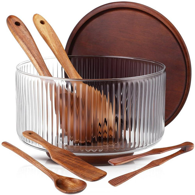 Singhoow Large Ribbed Glass Salad Bowl Set, Party Salad Bowl with Wood Base and Lid as Cheese Charcuterie Board and Plate, Comes with 5 Pieces of Elegant Wood Serving Utensils