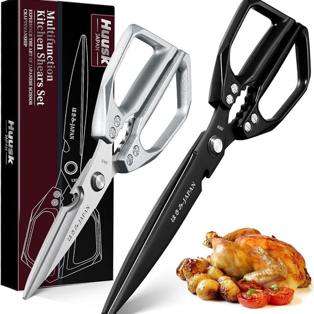 HUUSK Kitchen Shears Set Upgraded - Stainless Steel Kitchen Scissors, Sharp Meat Scissors, Heavy Duty Poultry Shear, Japanese Cooking Scissor for Food, Dishwasher Safe, Christmas Gifts for Men Women