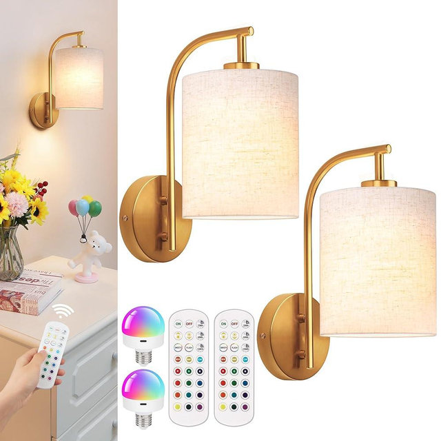 MATAMEYE Battery Operated Wall Sconce Set of 2, Gold Rechargeable Dimmable Wall Light Fixture Remote, 12 RGB Colors & Timer, Wireless Lamp Linen Shade