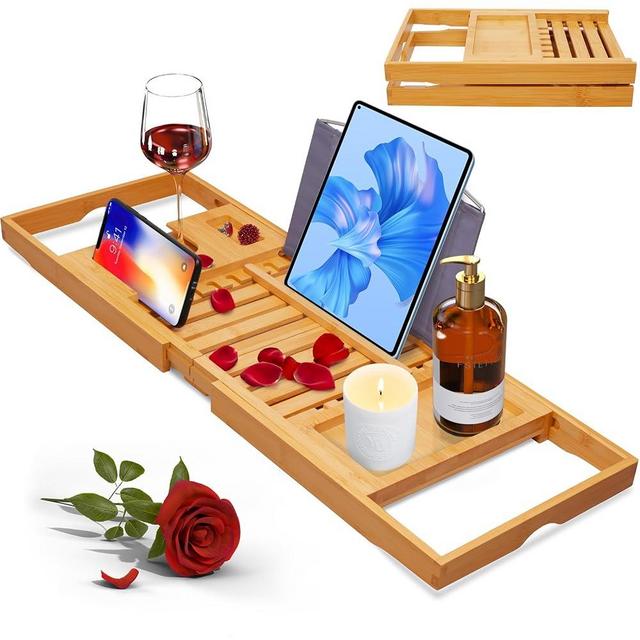 Artmalle Luxury Bathtub Caddy Tray for Tub - Foldable Bamboo Bath Table Tray with Book and Wine Glass Holder, Expandable Bathroom Accessories for Spa or Reading Lite Style