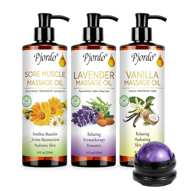 Pjordo 3 Pack Massage Oil for Massage Therapy, Vanilla Oil, Sore Muscle Arnica Oil, Lavender Massage Oil for Skin, Massage Roller Ball, Relaxing Massage Kit, Spa Gift Set for Him Her