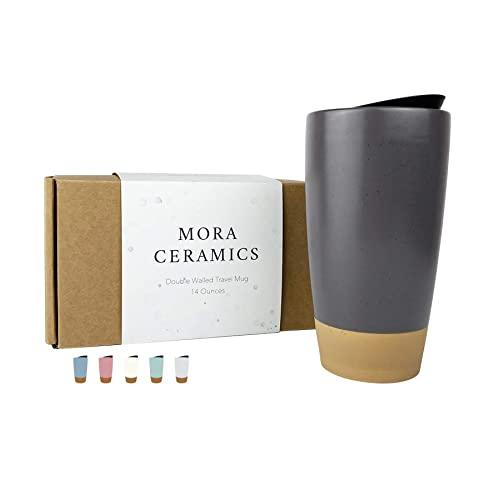 Mora Double Wall Ceramic Coffee Travel Mug with Lid, 14 oz, Portable, Microwave, Dishwasher Safe, Insulated Reusable Tall Cup, Splash Resistant Lid - To Go Tumbler for Car Cup Holder, Nightwaves