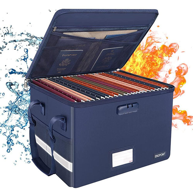 ENGPOW File Box with Lock, Fireproof Document Box with Zipper Lid,Collapsible File Organizer Storage Box Filing Box with Handle,Portable Home Office Safe Box for Hanging Letter/Legal Folder,Blue