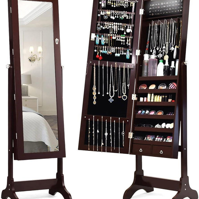 Giantex Jewelry Armoire Organizer with Full Length Mirror, 14 LEDs Floor Standing Jewelry Cabinet with 2 Drawers, 4 Adjustable Angles, Lockable Jewelry Storage Box Cabinet (Brown)