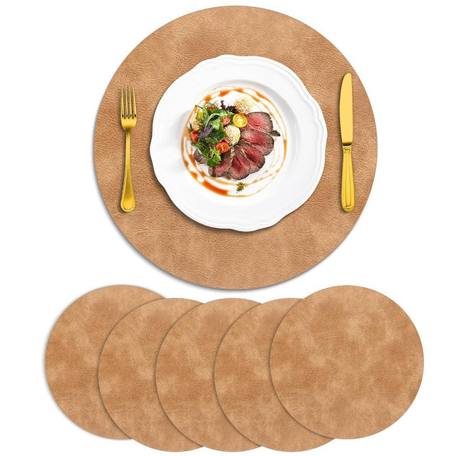 ADRIMER Placemats, Heat Resistant Round Placemats Set of 6 Washable, Waterproof Table Mats, Wipeable Faux Leather Place Mats for Kitchen, Dining Room, Camel
