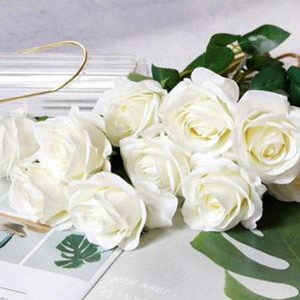 DuHouse 10pcs Fake Roses Artificial Silk Flowers Faux Rose Flower Long Stems Bouquet for Arrangement Wedding Centerpiece Party Home Kitchen Decor(Ivory-White Long Stem)