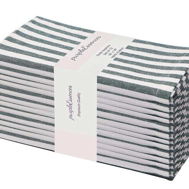 PurpleEssences Plain Striped Cloth Napkins - Set of 12-100% Cotton - 18 x 18 Inch - Spring and Summer - Perfect Everyday Use Dinner Napkin - Forest Green and White