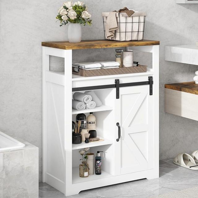 Vabches Bathroom Floor Cabinet, Small Storage Cabinet with Sliding Door, Adjustable Shelf, Farmhouse Storage Cabinet for Bathroom, Kitchen, Living Room, Rustic Style Cabinet, White