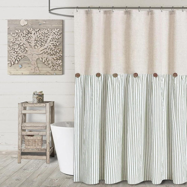 Awellife Linen Button Farmhouse Beige Shower Curtain,Linen and Cotton Woven Fabric,Pleated Green Stripe,Country Style (72" L x 72" W)