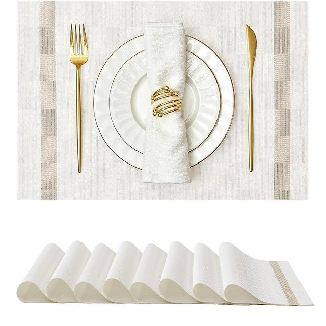 Leetaltree Sparkling White Vinyl Woven Placemats Set of 8 - Washable Dining Table Placemats Striped, Suitable for Wedding, Anniversary, Daily Use - Sparkling Table Decor