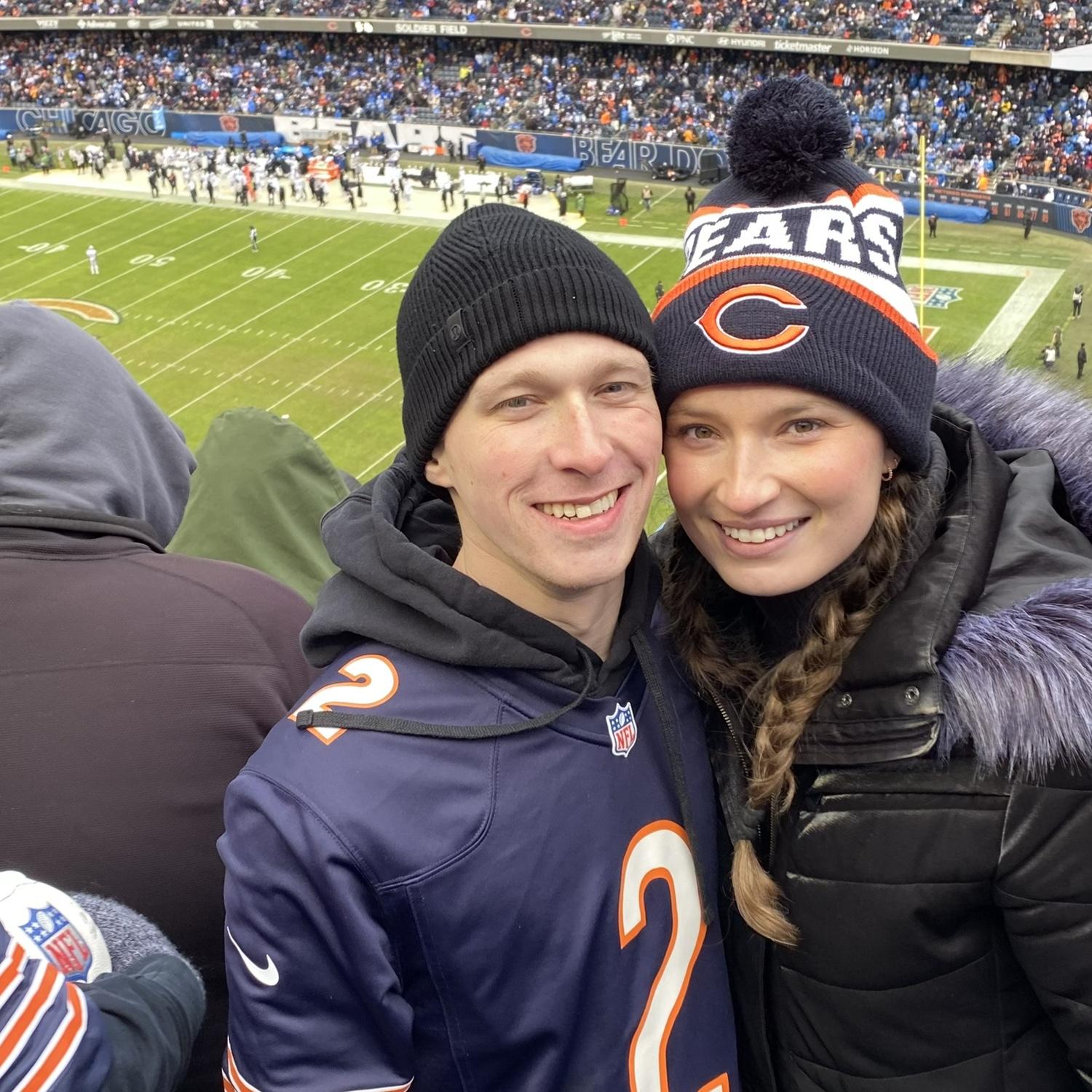 O & K at their first Bears game. The Bears were successful beating the Lions. Bear down!