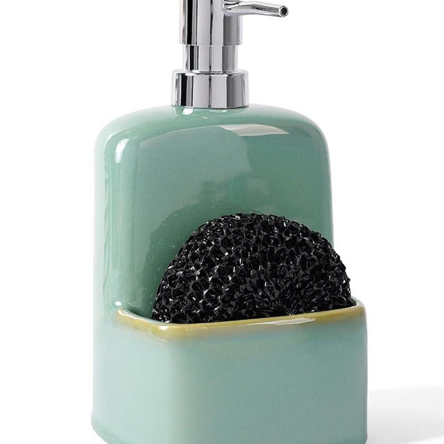BosilunLife Dish Soap Dispenser - Sage Green Ceramic Kitchen Soap Dispenser with Sponge Holder Matte Ceramic Soap Daddy Dispenser 20oz for Kitchen Soap Pump and Sponges Caddy