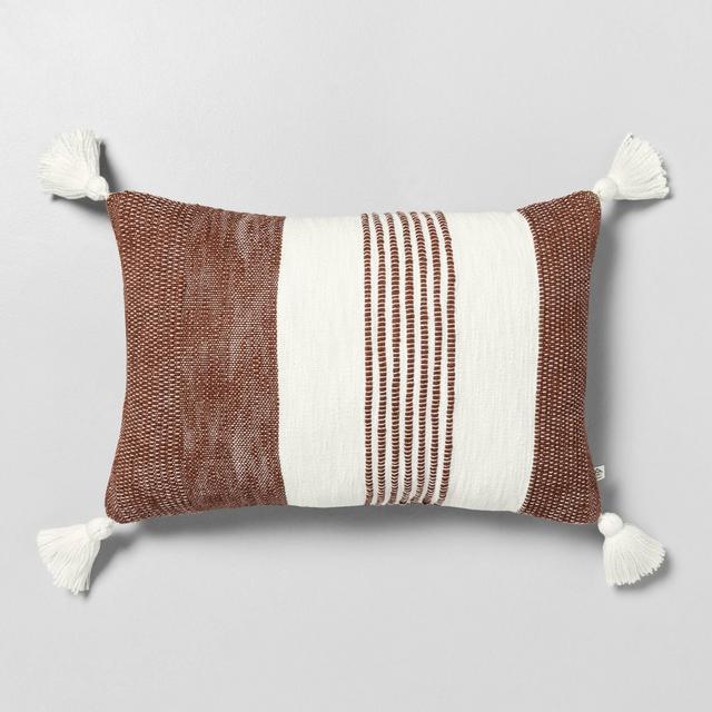 14" x 20" Center Stripe Tassel Decor Pillow Pumpkin Brown / Sour Cream - Hearth & Hand™ with Magnolia