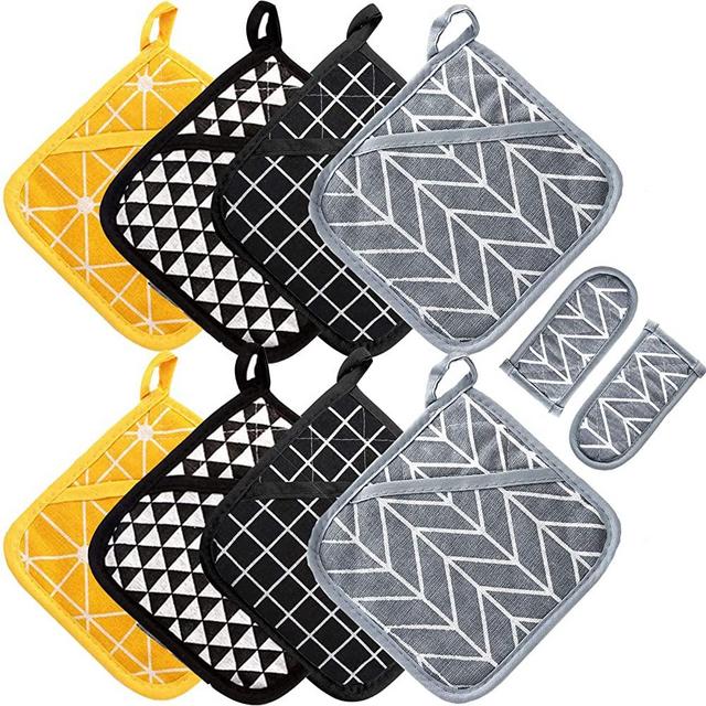 Win Change Heat Resistant Potholders Hot Pads-8 Kitchen Pot Holders Set with 2 Pan Hot Handle Holders Trivet for Cooking and Baking,with Recycled Cotton Infill Terrycloth Lining (BlackYellowGrey, 8+2)