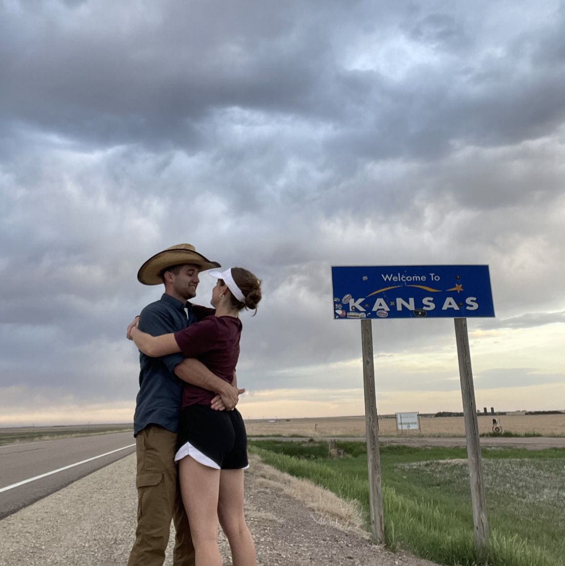 Picture on the Colorado/Kansas stateline during our cross-country roadtrip, May 2022