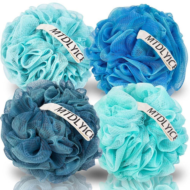 MTDLYICE Loofah Sponge, XXL Large Loofah 100g 4 Pack, Bath Sponge Soft Mesh Shower Loofah for Men, Body Scrub, Shower Pouf Bath Accessories, for Body Wash, Soap (Blue)