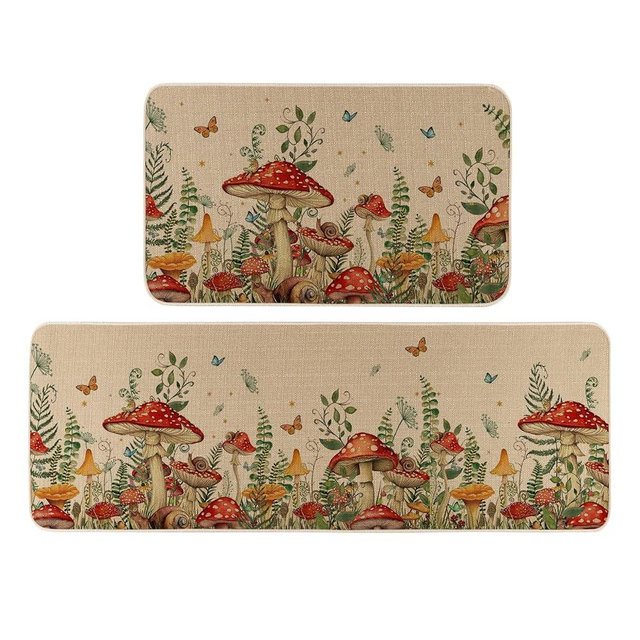 Moutina Mushroom Snail Kitchen Rugs Set of 2, Spring Summer Home Decor Low-Profile Kitchen Mats for Floor - 17x29 and 17x47 Inch