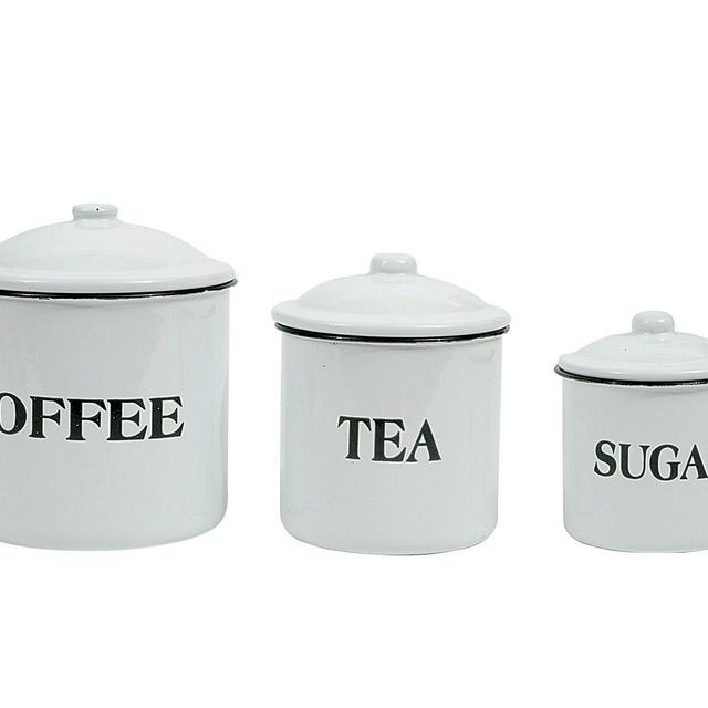Creative Co-op DA1985 Metal Containers with Lids,Coffee,Tea,Sugar, Set of 3, White