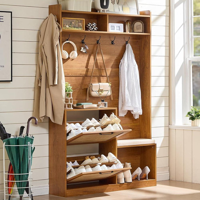 LEYAOYAO 78" Tall Boho Hall Tree with Bench & Shoe Storage, 4-in-1 Mudroom Coat Rack with 2 Flip Rattan Drawers & Cushioned Stool, Entryway Hall Tree Cabinet with 6 Hooks for Garage, Tea Brown