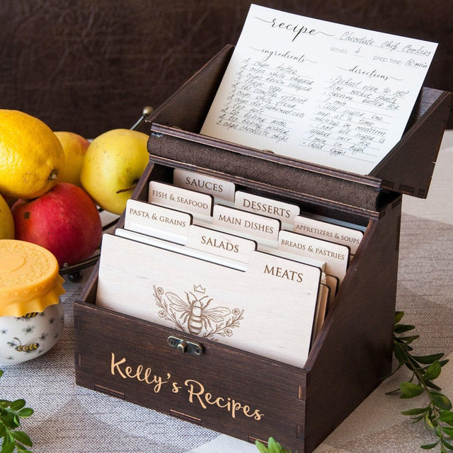 Personalized Recipe Box with Dividers and Cards Engraved Queen Bee Design Birthday Gift for Mom Custom Wood Recipe Organizer Gift for Wife