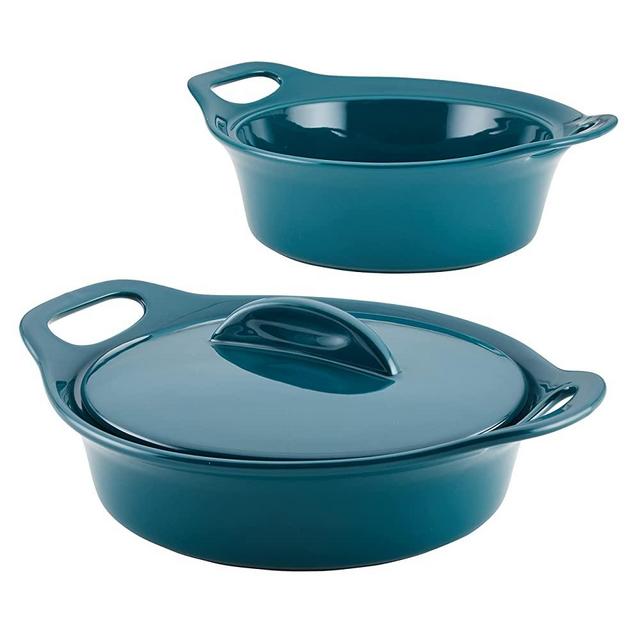 Rachael Ray Solid Glaze Ceramics Casserole Bakeware/Baker Set with Shared Lid, 3 Piece, Teal