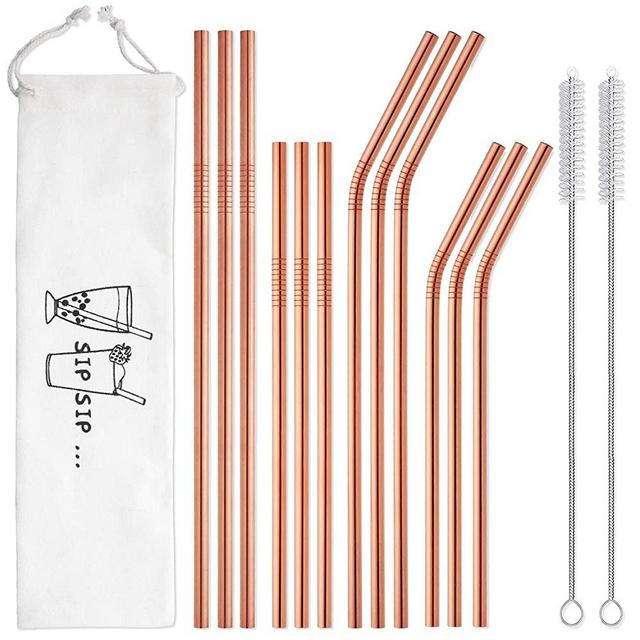 Hiware 12-Pack Rose Gold Metal Straws Reusable with Case - Stainless Steel Drinking Straws for 30oz and 20oz Tumblers Yeti Dishwasher Safe, 2 Brushes Included