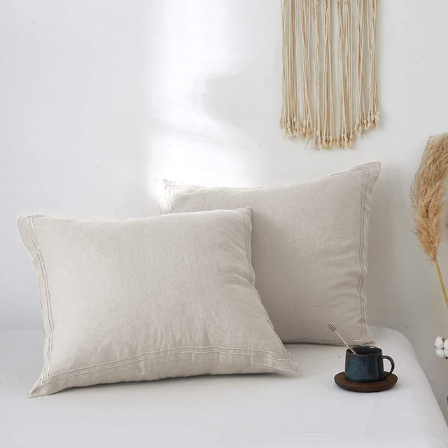 Simple&Opulence 100% French Linen Euro Shams with Embroidery ( 26'' x 26'' ) - Pack of 2 - Pre Washed Solid Color Natural Flax Soft Breathable - Linen