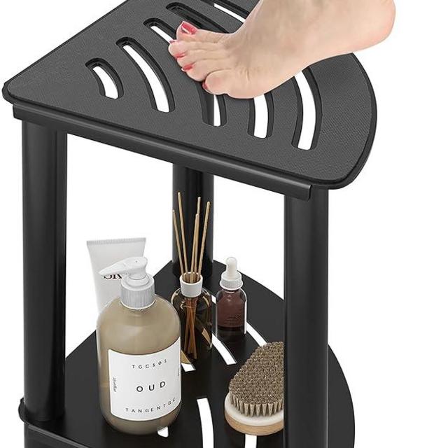 JIAPAIDUO Metal Corner Shower Foot Stool for Shaving Legs, Bathroom Shower Bench with Storage Shelf, Shower Stool for Inside Shower Waterproof, Small Step Stools, Matte Black Non-Slip Shower Chair