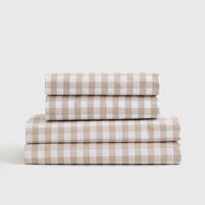 Queen-Sized Classic Organic Percale Gingham Sheet Set in Cafe