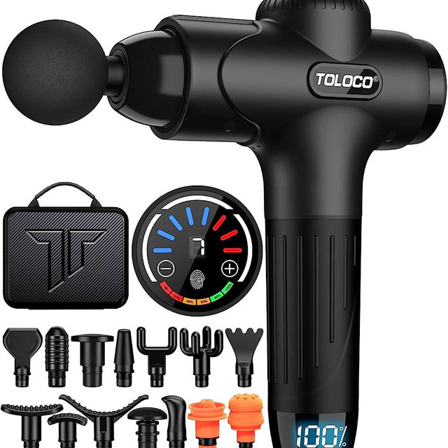 TOLOCO Muscle, Deep Tissue, Percussion Massage Gun with 15 Replacement Heads, Super Quiet Portable Electric Massager for Athletes, Treatment, Relax, Black