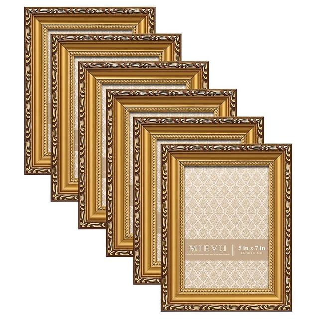 MIEVU 5x7 Picture Frame Gold Bulk - 6PCS Vintage Picture Frames And Tabletop Display, Ornate Photo Frame for Poster, 5x7 Gold Frames of 6