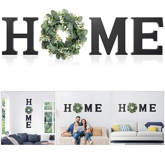 Wood Home Sign for Wall Decor Wooden Home Letters with Wreath Artificial Eucalyptus Modern Decorative Hanging Home Letters Decor Farmhouse Home Sign for Living Room Kitchen Entryway, Housewarming Gift