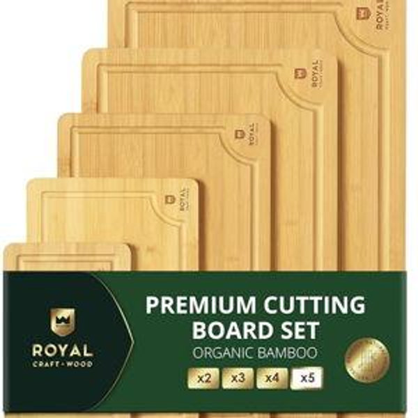 ROYAL CRAFT WOOD Wooden Cutting Boards for Kitchen Meal Prep & Serving - Bamboo Wood Serving Board Set with Deep Juice Groove Side Handles - Charcuterie & Chopping Butcher Block for Meat, 5 Piece