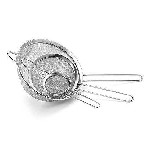 K BASIX Fine Mesh Stainless Steel Strainer Set of 3 - Large, Medium & Small Size - Ideal to Strain Pasta Noodles, Quinoa, Cocktails, Tea, Sift & Sieve Flour & Powdered Sugar - Free EBook