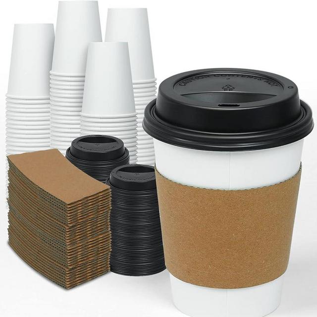Ginkgo [100 Pack 12 oz Disposable Thickened Paper Coffee Cups with Lids and Sleeves, To Go Hot Coffee Cups, Hot Chocolate, Cocoa and Coffee Bar Supplies