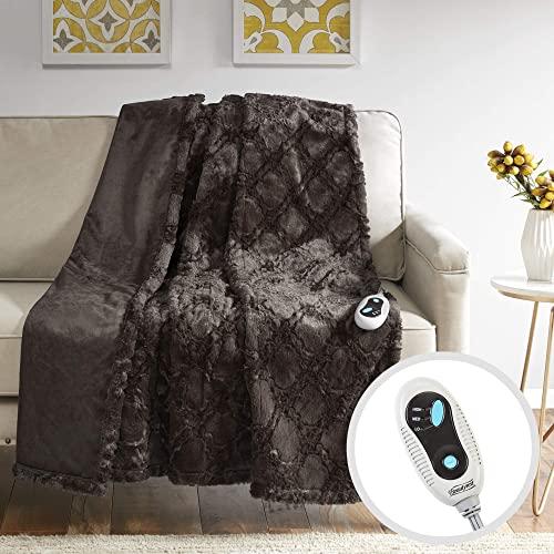 Beautyrest Brushed Long Fur Electric Throw Blanket Ogee Pattern Warm and Soft Heated Wrap with Auto Shutoff, 50x60, Chocolate