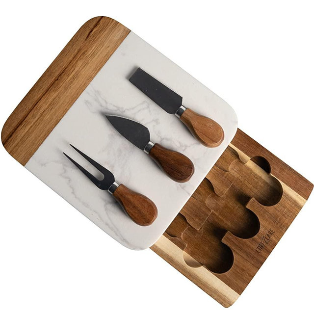 Cheezcare Cheese Board Marble & Acacia Wood Tray with 3-Knife Set - Gourmet Marble Charcuterie Board for 2-6 People - Great Gift for Weddings, Housewarming Parties - White Marble Cheese Board