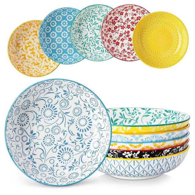 vancasso 8.5" Pasta Bowls Set of 6, 40 oz Porcelain Shallow Salad Bowls, Serving Bowls Large Kitchen Bowl Plates Pasta Dishes Plates, Colorful Floral Design, Microwave Safe, Series SELENE