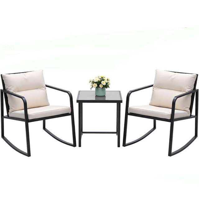 Devoko 3 Piece Rocking Bistro Set Wicker Patio Outdoor Furniture Porch Chairs Conversation Sets with Glass Coffee Table (Beige)