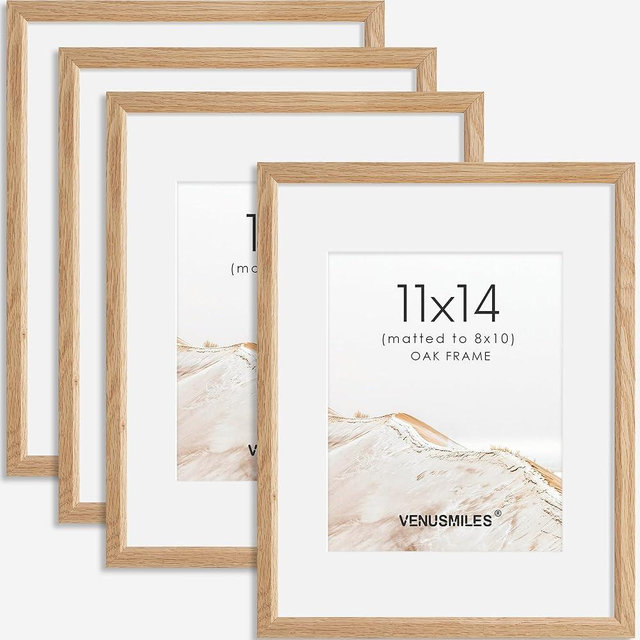 Venusmiles 11x14 Picture Frame Set of 4 Natural Solid Oak Photo Frames with 8x10 Removable Mat Wall Hanging Large Handcrafted Frame with HD Plexiglass Wall and Tabletop Display Large Poster Frame