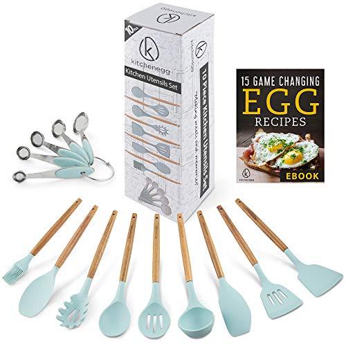 Silicone Kitchen Utensil Set - Wooden Cooking Utensils Set - Heat Resistant Mixing Spoons and Spatulas - 10pcs