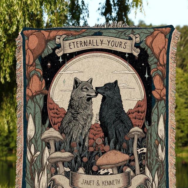 Wolf Couple Anniversary Blanket | Personalized Anniversary Gift Custom Tapestry Wolf Blanket Woodland Wedding Cottagecore Unique Couple Gift