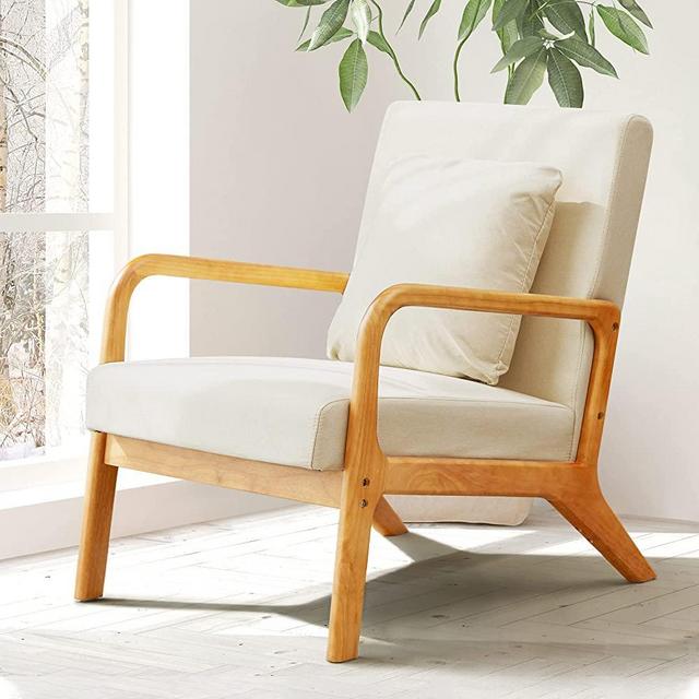 WACASA Mid-Century Modern Accent Chair,Fabric Lounge Boho Side Chair for Living Room Bedroom, Reading Armchair Beige