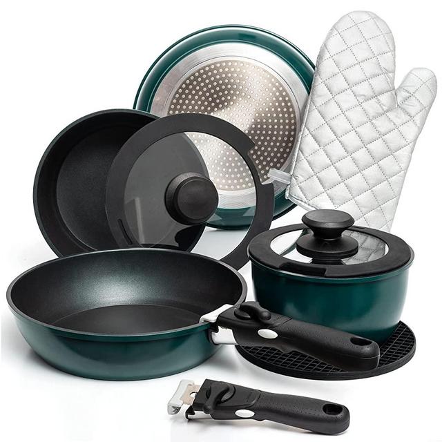 10 Piece Aluminum Pots And Pans Set Nonstick, Removable Handle Cookware, Stackable Pots And Pans Set, Dishwasher safe, Induction Pots And Pans, Camping Cookware Set By Moss & Stone.