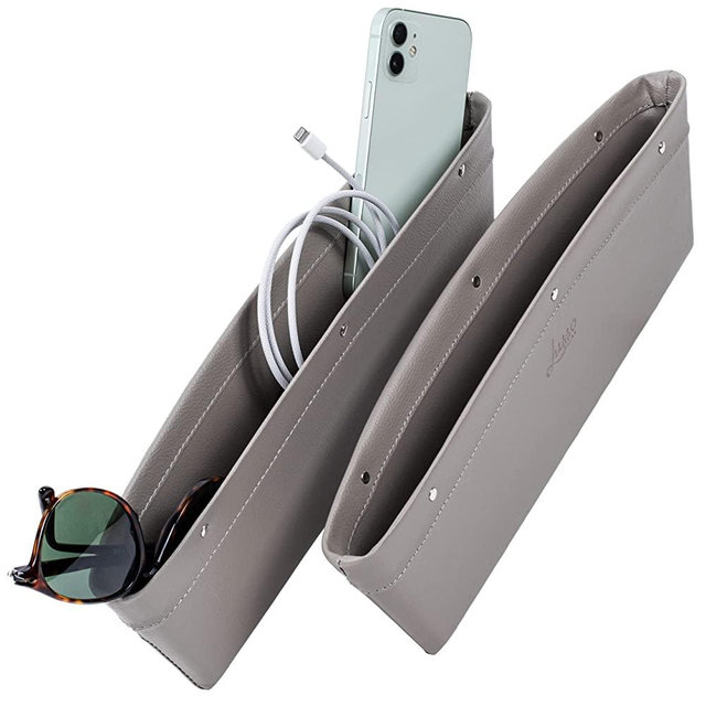Lusso Gear 2 in 1 Car Seat Gap Organizer, Universal Fit, Adjustable Storage Pockets, 2 Set Front Car Seat Crevice Storage Box, Helps Reduce Distracted Driving & Holds Phones, Glasses, Keys, and More (Gray)